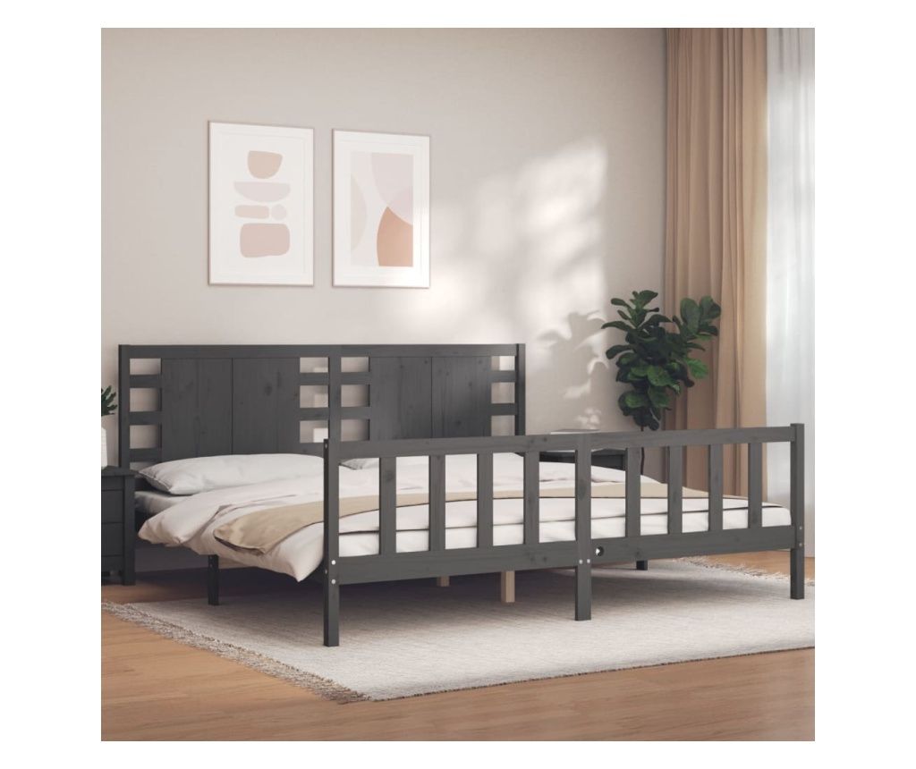 Cadru pat cu tăblie 200x200 cm, gri, lemn masiv