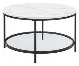 Στρογγυλό τραπεζάκι σαλονιού Valora, σχέδιο λευκό μάρμαρο με γυάλινο ράφι