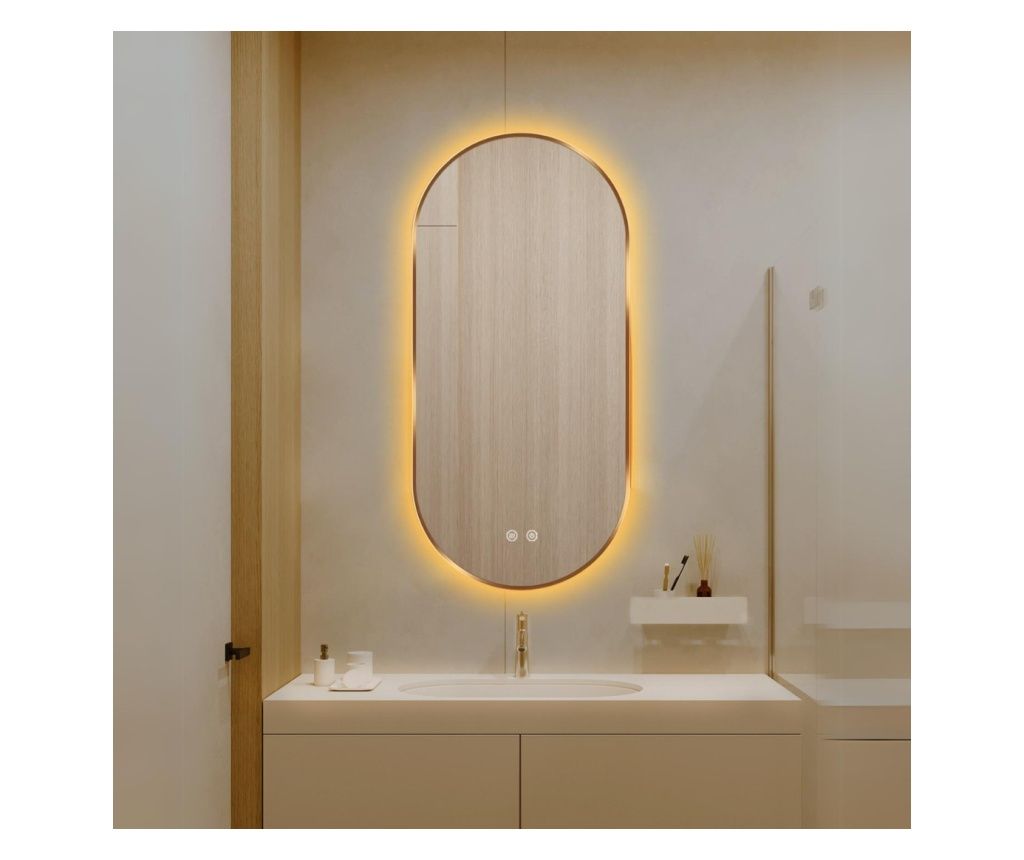 LED Mirror with Defog Function and Clock, 3 Light Tones, Gold Frame, 50 x 100 cm, J179-50100 Smack
