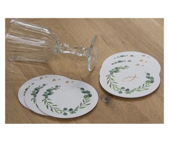 Coastere/suporturi din carton pentru pahare, halbe sau cesti / albe (imprimeu peste) / diametru 10,7 cm / 100 buc