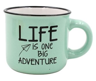 Nekupto šalica za espresso kavu 80 ml, keramička, siva, s natpisom "ŽIVOT JE JEDNA VELIKA AVANTURA"