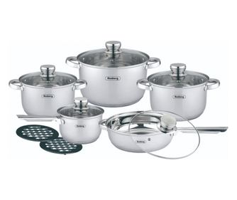 Комплект тенджери и тигани Rosberg R51210L12BM, 12 части, Многослойно дъно, Неръждаема стомана, Сребрист
