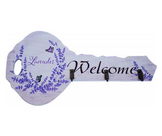 Cuier decorativ suport din lemn Pufo Lavender pentru chei, in forma de cheie, 24 cm
