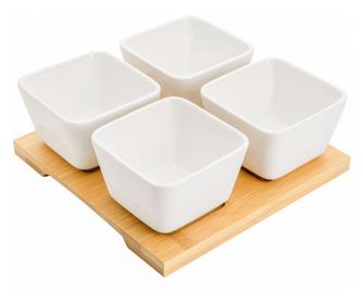 Set servire Florina Adria Quadro 4 piese, bambus, portelan alb, 16,5 x 16,5 x 6 cm