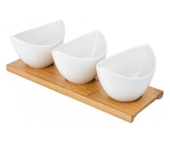 Set servire Florina Adria Gondole 3 piese, bambus, portelan alb, 25 x 9 x 6,5 cm