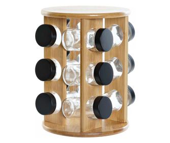 Set Condimente 12 recipiente sticla cu suport rotativ din Lemn, 18x23 cm