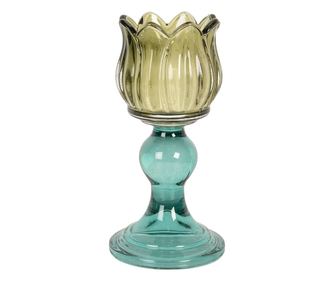Zelený a modrý skleněný svícen Ø 8x16 cm