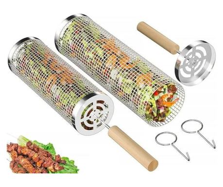 Zestaw 2 Cylindrycznych Koszy do Grillowania z Drewnianą Rączką, Stojak, 2 Widelce, Odporne na Wysokie Temperatury, Cylinder