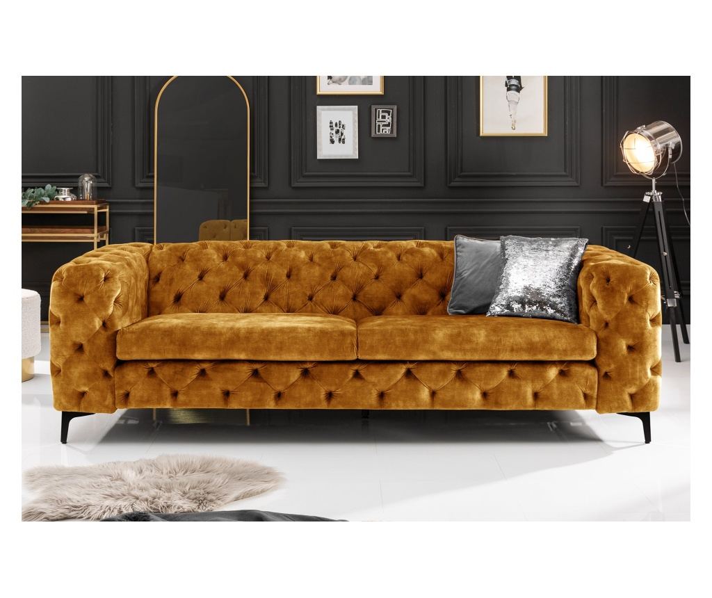 Vstyle Irresistible 289666 Canapea cu 3 locuri, Galben Muștar, Catifea, Lemn de Plop, Metal - 3