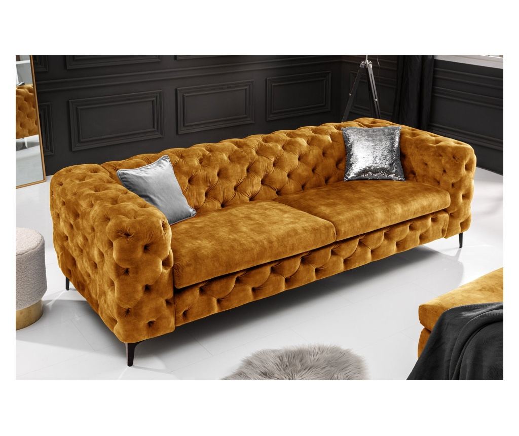 Vstyle Irresistible 289666 Canapea cu 3 locuri, Galben Muștar, Catifea, Lemn de Plop, Metal - 4