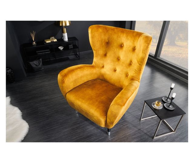 Fotoliu cu spătar înalt, galben muștar, negru, argintiu