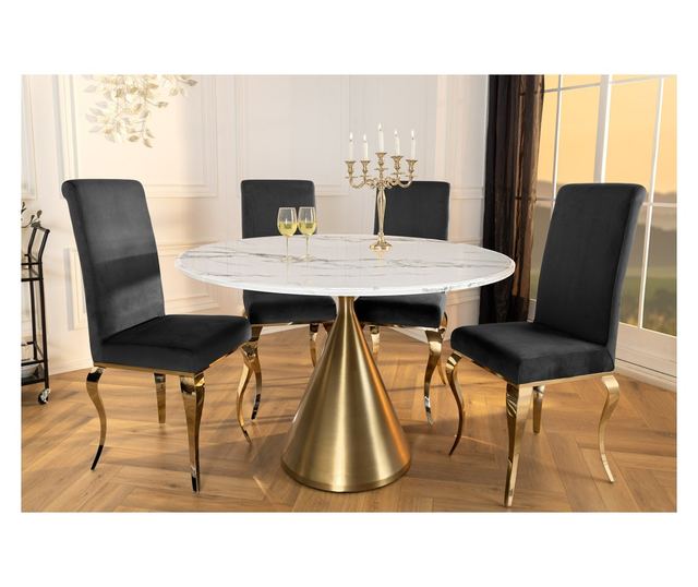 Masa de dining, efect marmură albă, culoare șampanie