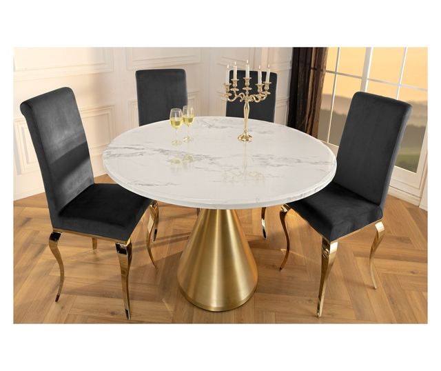 Masa de dining, efect marmură albă, culoare șampanie