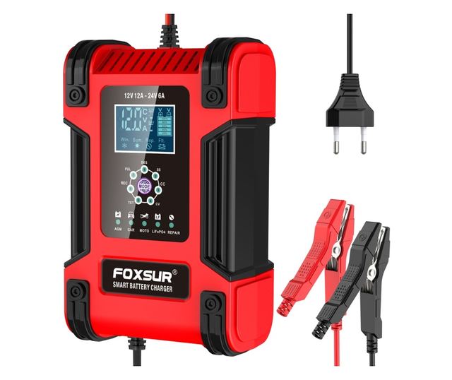 FOXSur FBC122412D intelligens autós akkumulátortöltő egyenirányító, 12V 12A/24V 6A, 7 töltési lépés, LCD, AGM, GEL, SLA, nedves,