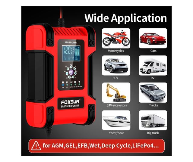 FOXSur FBC122412D intelligens autós akkumulátortöltő egyenirányító, 12V 12A/24V 6A, 7 töltési lépés, LCD, AGM, GEL, SLA, nedves,
