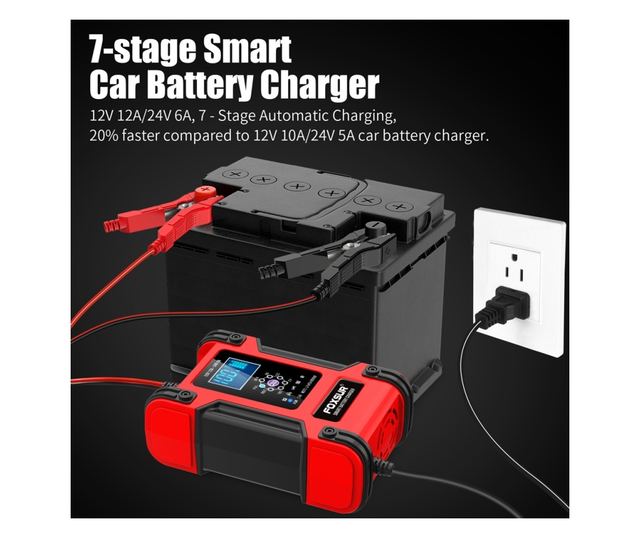 FOXSur FBC122412D intelligens autós akkumulátortöltő egyenirányító, 12V 12A/24V 6A, 7 töltési lépés, LCD, AGM, GEL, SLA, nedves,