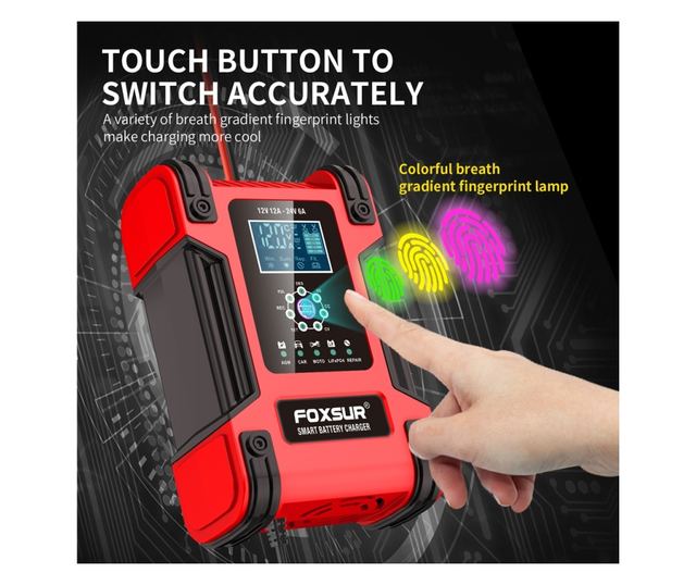 FOXSur FBC122412D intelligens autós akkumulátortöltő egyenirányító, 12V 12A/24V 6A, 7 töltési lépés, LCD, AGM, GEL, SLA, nedves,
