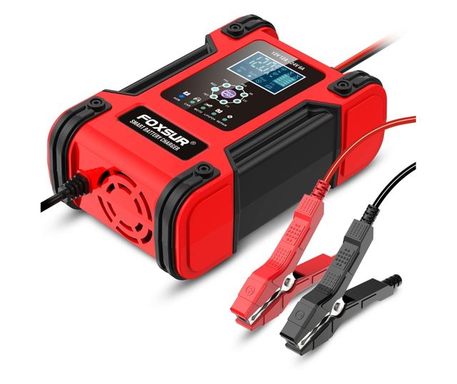 FOXSur FBC122412D intelligens autós akkumulátortöltő egyenirányító, 12V 12A/24V 6A, 7 töltési lépés, LCD, AGM, GEL, SLA, nedves,