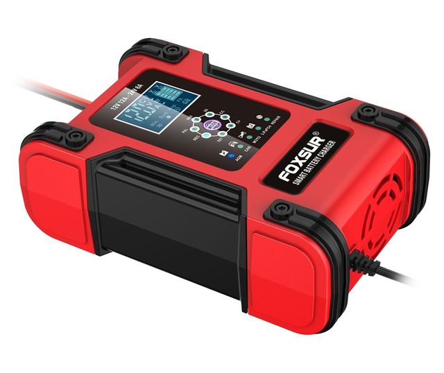 FOXSur FBC122412D intelligens autós akkumulátortöltő egyenirányító, 12V 12A/24V 6A, 7 töltési lépés, LCD, AGM, GEL, SLA, nedves,
