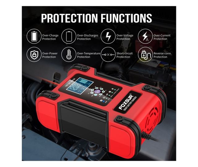 FOXSur FBC122412D intelligens autós akkumulátortöltő egyenirányító, 12V 12A/24V 6A, 7 töltési lépés, LCD, AGM, GEL, SLA, nedves,