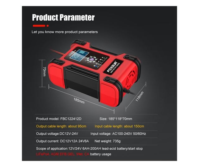 FOXSur FBC122412D intelligens autós akkumulátortöltő egyenirányító, 12V 12A/24V 6A, 7 töltési lépés, LCD, AGM, GEL, SLA, nedves,