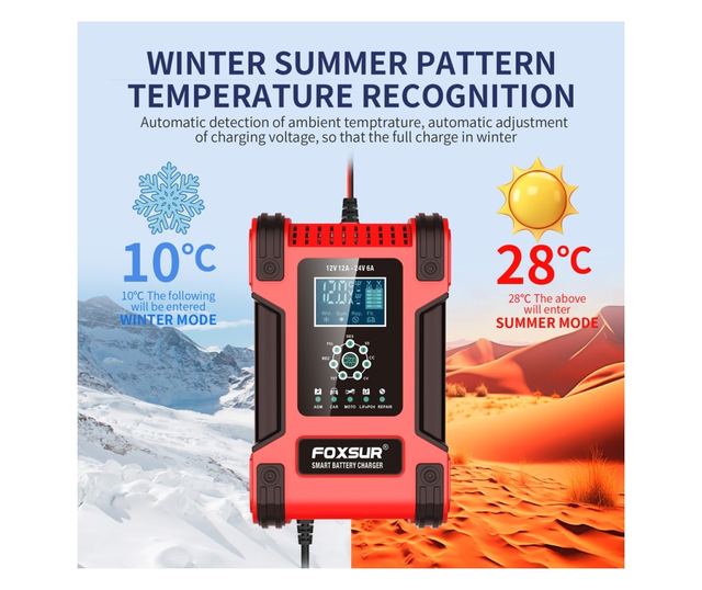 FOXSur FBC122412D intelligens autós akkumulátortöltő egyenirányító, 12V 12A/24V 6A, 7 töltési lépés, LCD, AGM, GEL, SLA, nedves,