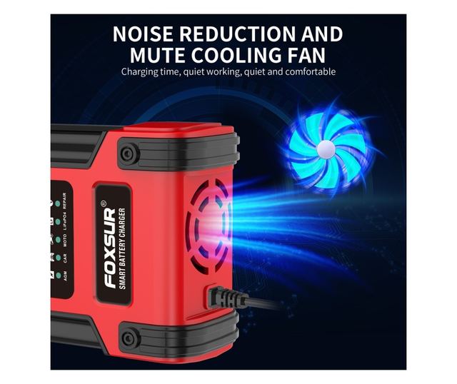 FOXSur FBC122412D intelligens autós akkumulátortöltő egyenirányító, 12V 12A/24V 6A, 7 töltési lépés, LCD, AGM, GEL, SLA, nedves,