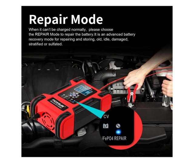 FOXSur FBC122412D intelligens autós akkumulátortöltő egyenirányító, 12V 12A/24V 6A, 7 töltési lépés, LCD, AGM, GEL, SLA, nedves,