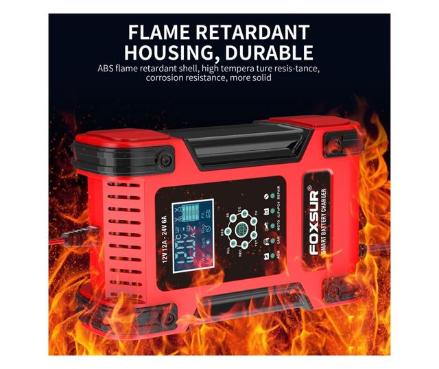 FOXSur FBC122412D intelligens autós akkumulátortöltő egyenirányító, 12V 12A/24V 6A, 7 töltési lépés, LCD, AGM, GEL, SLA, nedves,