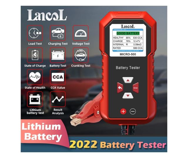 Lancol MICRO-500 autóakkumulátor teszter, gyorsellenőrző 12V ólom-sav és LiFePO4, kompatibilis AGM, GEL, EFB, QR Code eredmények