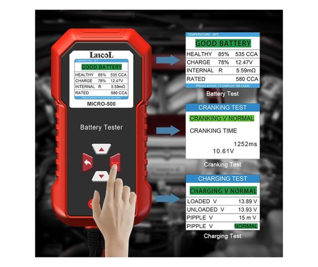 Lancol MICRO-500 autóakkumulátor teszter, gyorsellenőrző 12V ólom-sav és LiFePO4, kompatibilis AGM, GEL, EFB, QR Code eredmények