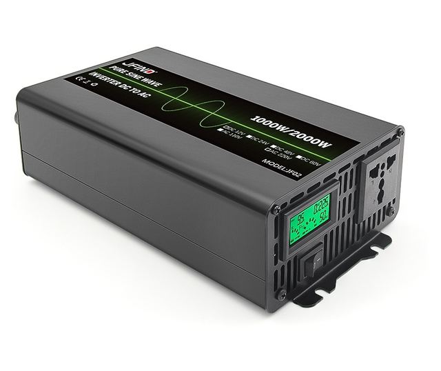 JFIND JF02 autós inverter, tiszta szinuszhullámú, 12V-ról 220V-ra, 1000W folyamatos, 2000W csúcs, LCD kijelző, többszörös védele