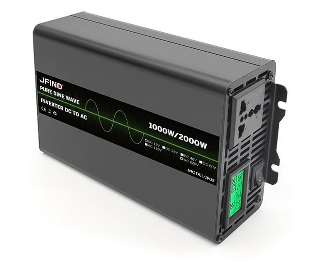 JFIND JF02 autós inverter, tiszta szinuszhullámú, 12V-ról 220V-ra, 1000W folyamatos, 2000W csúcs, LCD kijelző, többszörös védele