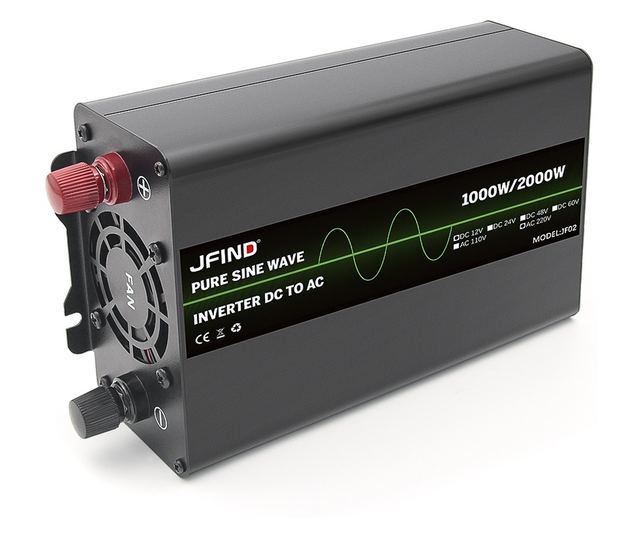JFIND JF02 autós inverter, tiszta szinuszhullámú, 12V-ról 220V-ra, 1000W folyamatos, 2000W csúcs, LCD kijelző, többszörös védele