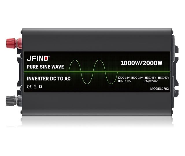 JFIND JF02 autós inverter, tiszta szinuszhullámú, 12V-ról 220V-ra, 1000W folyamatos, 2000W csúcs, LCD kijelző, többszörös védele
