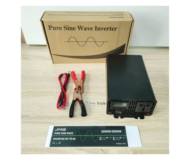 JFIND JF02 autós inverter, tiszta szinuszhullámú, 12V-ról 220V-ra, 1000W folyamatos, 2000W csúcs, LCD kijelző, többszörös védele