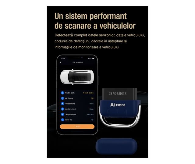 Tester Diagnoza Auto OBD2 Techstar DA200 cu Aplicatie AI, Resetare Coduri Eroare, Date in Timp Real, Compatibil Majoritatea Masi