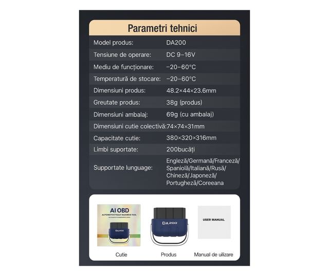 Tester Diagnoza Auto OBD2 Techstar DA200 cu Aplicatie AI, Resetare Coduri Eroare, Date in Timp Real, Compatibil Majoritatea Masi