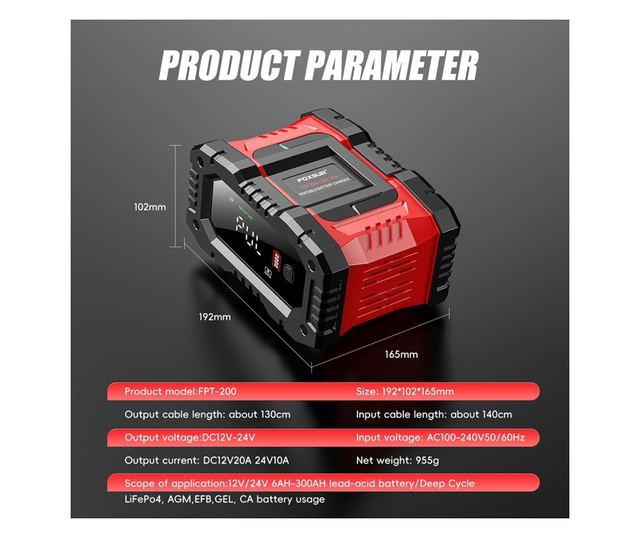 Foxsur FPT-200 digitális automatikus egyenirányító, 12V/24V 20A automatikus töltő 6Ah-300Ah akkumulátorokhoz, LCD képernyő és ki