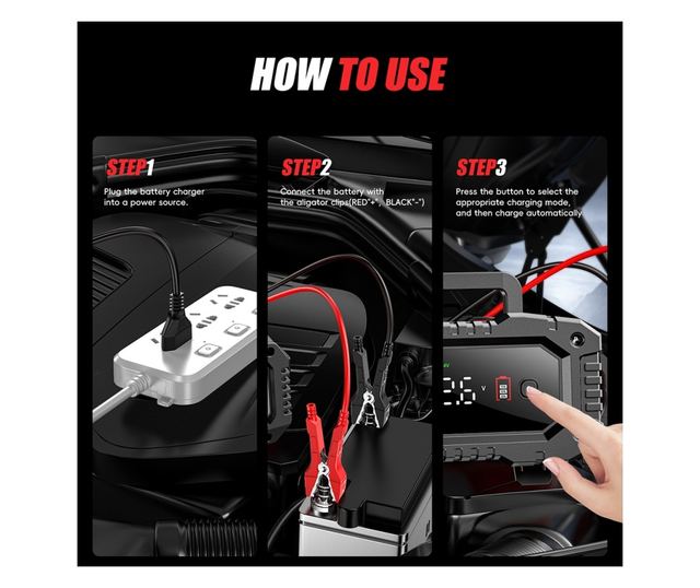 Foxsur FPT-200 digitális automatikus egyenirányító, 12V/24V 20A automatikus töltő 6Ah-300Ah akkumulátorokhoz, LCD képernyő és ki