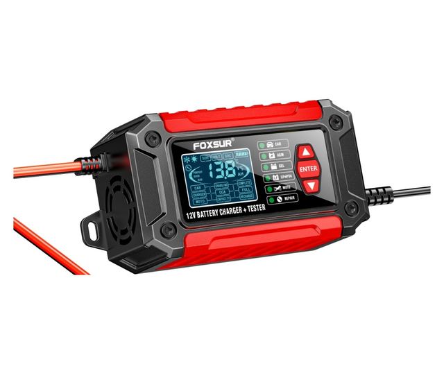 Akkumulátortöltő és teszter FOXSUR FTC-1206 2 az 1-ben, 12V/6A – Intelligens egyenirányító autó- és motorkerékpár-akkumulátorokh