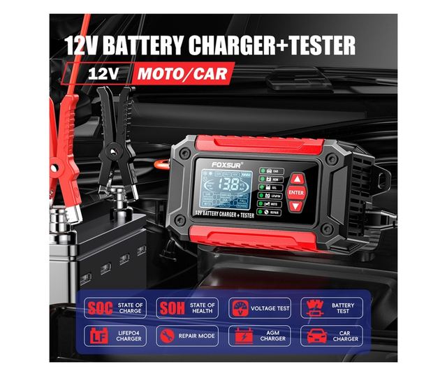Akkumulátortöltő és teszter FOXSUR FTC-1206 2 az 1-ben, 12V/6A – Intelligens egyenirányító autó- és motorkerékpár-akkumulátorokh