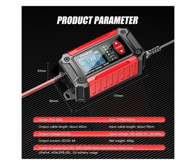 Akkumulátortöltő és teszter FOXSUR FTC-1206 2 az 1-ben, 12V/6A – Intelligens egyenirányító autó- és motorkerékpár-akkumulátorokh