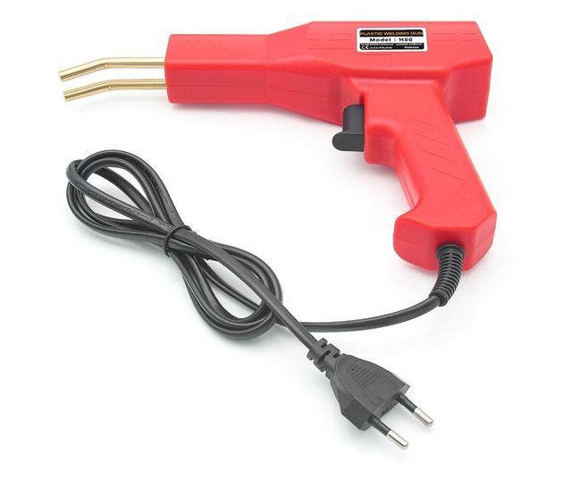 Professzionális műanyag ragasztó/hegesztő pisztoly, repedésjavító készlettel, 50 W, 200 tűzőkapocs, hordtáskával, piros, polipro