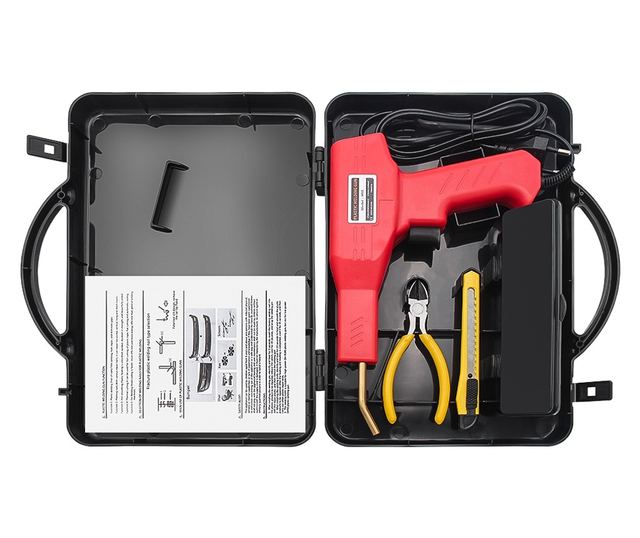 Professzionális műanyag ragasztó/hegesztő pisztoly, repedésjavító készlettel, 50 W, 200 tűzőkapocs, hordtáskával, piros, polipro