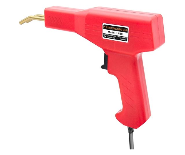 Professzionális műanyag ragasztó/hegesztő pisztoly, repedésjavító készlettel, 50 W, 200 tűzőkapocs, hordtáskával, piros, polipro