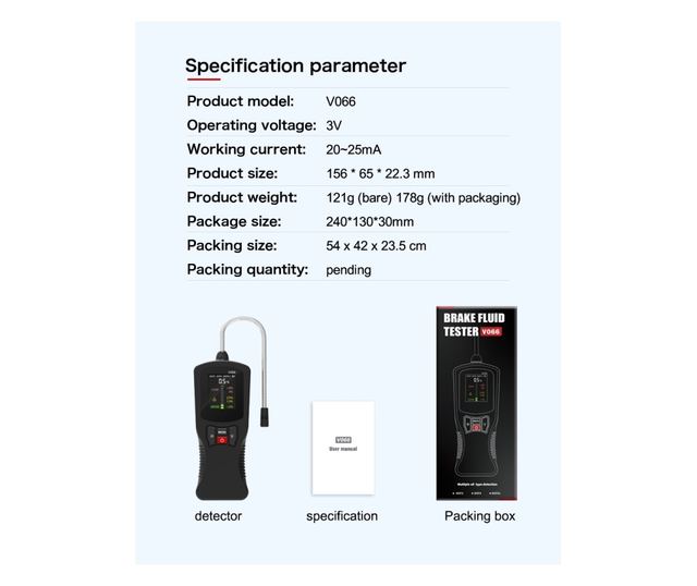 Techstar® V066 digitális fékfolyadék teszter automatikus DOT3, DOT4, DOT5.1 érzékeléssel, nagy pontossággal, szonda diagnosztika