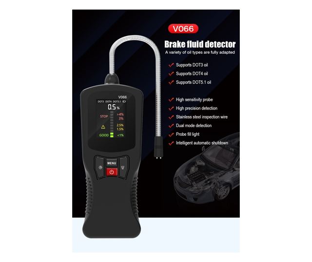 Techstar® V066 digitális fékfolyadék teszter automatikus DOT3, DOT4, DOT5.1 érzékeléssel, nagy pontossággal, szonda diagnosztika