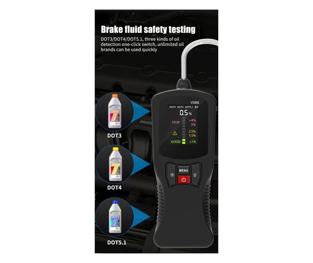 Techstar® V066 digitális fékfolyadék teszter automatikus DOT3, DOT4, DOT5.1 érzékeléssel, nagy pontossággal, szonda diagnosztika