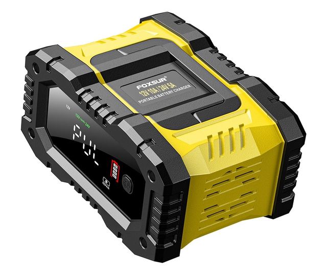 FOXSUR 12V/24V 10A digitális autós egyenirányító LED kijelzővel, 6Ah-200Ah akkumulátortöltéssel, impulzusjavító funkcióval, telj